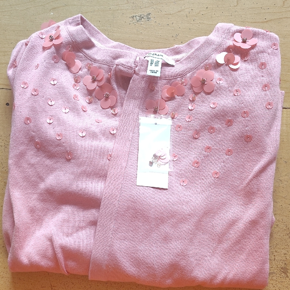 Isaac Mizrahi Pink Sequin Floral Cardigan